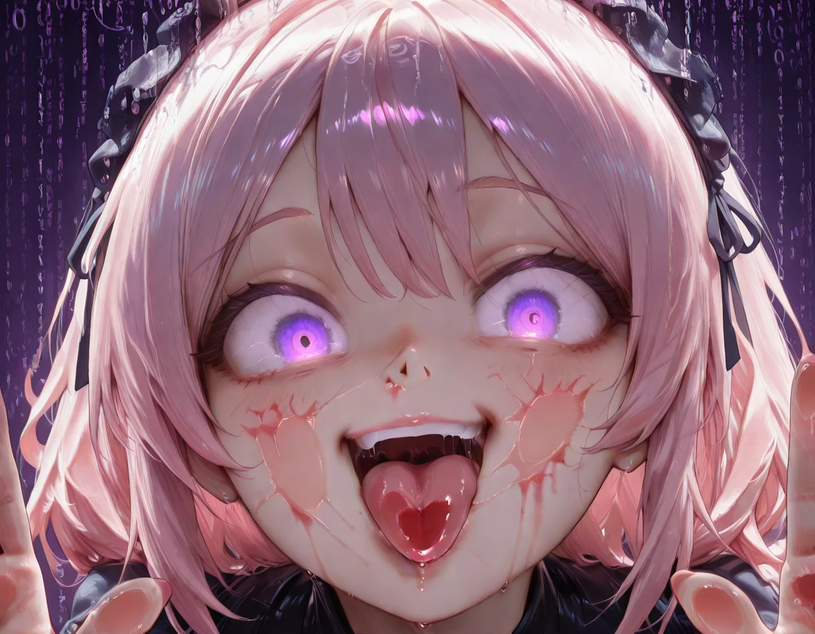 (masterwork, masterpiece, best quality, hyper-detailed, 8k uhd:1.4) ,  up close, smiling, excited, head tilted, open mouth,
<lora:CivChan:1.2> civchan, 1girl, solo,  purple eyes, pink hair, staring at viewer,
<lora:glasslick:0.8>  glasslick, licking glass, against glass, tongue on glass, tongue out, hands on glass,
<lora:Matrix_Style:1.5> om0atrix0, (((glitch))), purple theme, wide eyes, glowing eyes,  insane,
Lipstick Marks on screen