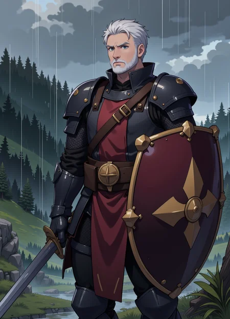 Flat colour anime style image showing a warrior in black and red leather armor with brown straps, holding a silver sword in one hand with shield the other. He has short white hair and beard, and a determined look on his face. Rain falls down as he stands on the hillside overlooking a forest