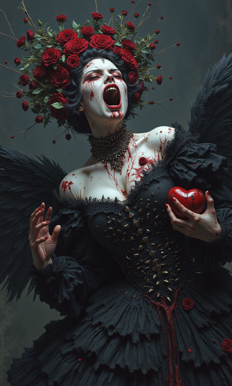 Gothic horror queen with vivid expressions and screaming in pain. She wore a black Victorian dress with lace details and a surface covered with spikes that were seriously bothered and soaked in blood. Her face was ghostly pale, with red makeup around her eyes, and blood dripping from her chest and hands. The surreal crown made of roses extends outward like a weird halo; there is a red heart in your hand. Dark and moody lights, surreal details, disturbing horror aesthetics, dramatic scenes.<lora:flux1-D\flux_realism_lora.safetensors:0.4:1.0> <lora:flux1-D\flux.1_lora_flyway_Epic-detail_v2.safetensors:0.6:1.0>