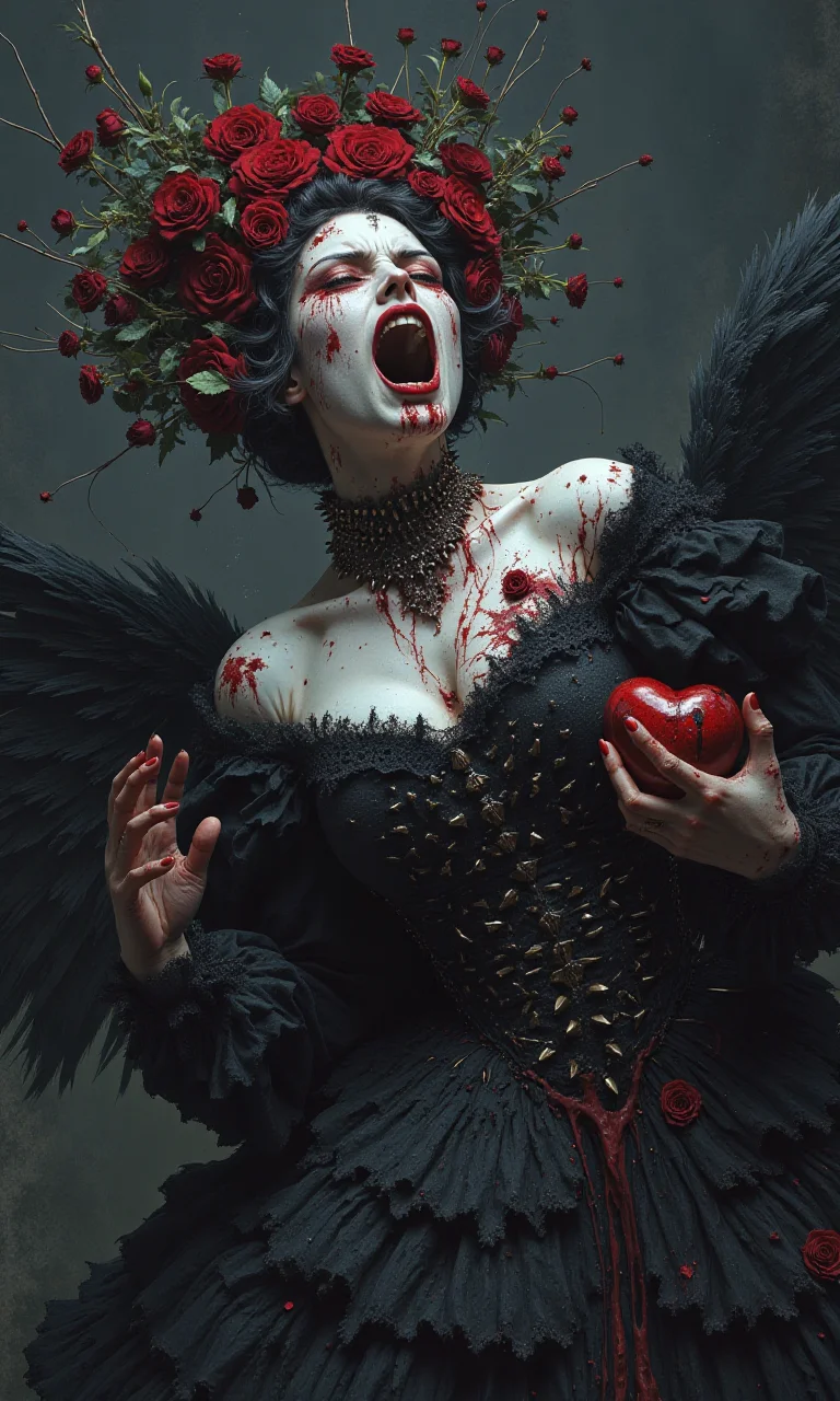 Gothic horror queen with vivid expressions and screaming in pain. She wore a black Victorian dress with lace details and a surface covered with spikes that were seriously bothered and soaked in blood. Her face was ghostly pale, with red makeup around her eyes, and blood dripping from her chest and hands. The surreal crown made of roses extends outward like a weird halo; there is a red heart in your hand. Dark and moody lights, surreal details, disturbing horror aesthetics, dramatic scenes.<lora:flux1-D\flux_realism_lora.safetensors:0.4:1.0> <lora:flux1-D\flux.1_lora_flyway_Epic-detail_v2.safetensors:0.6:1.0>