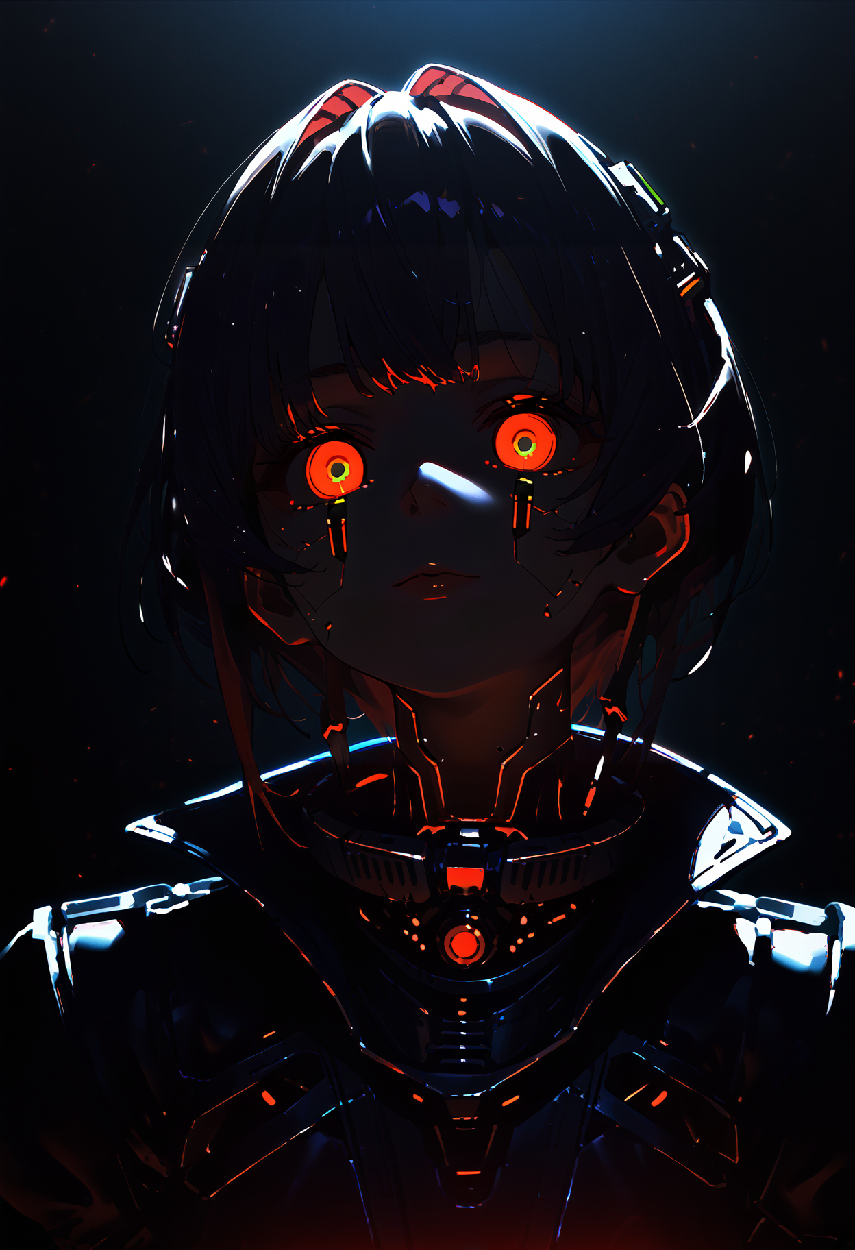 1girl, android, upper body, facing viewer, mechanical eyes, shaded face, glowing, dark theme, dim lighting, bioluminescent, mysterious, ethereal, vibrant colors, science fiction, future, (virtual:1.2), score_9, score_8_up, score_7_up, <lora:DunkingOnSouls_Soullify_v2.0:1>, <lora:dark_v1.9-pony:1>