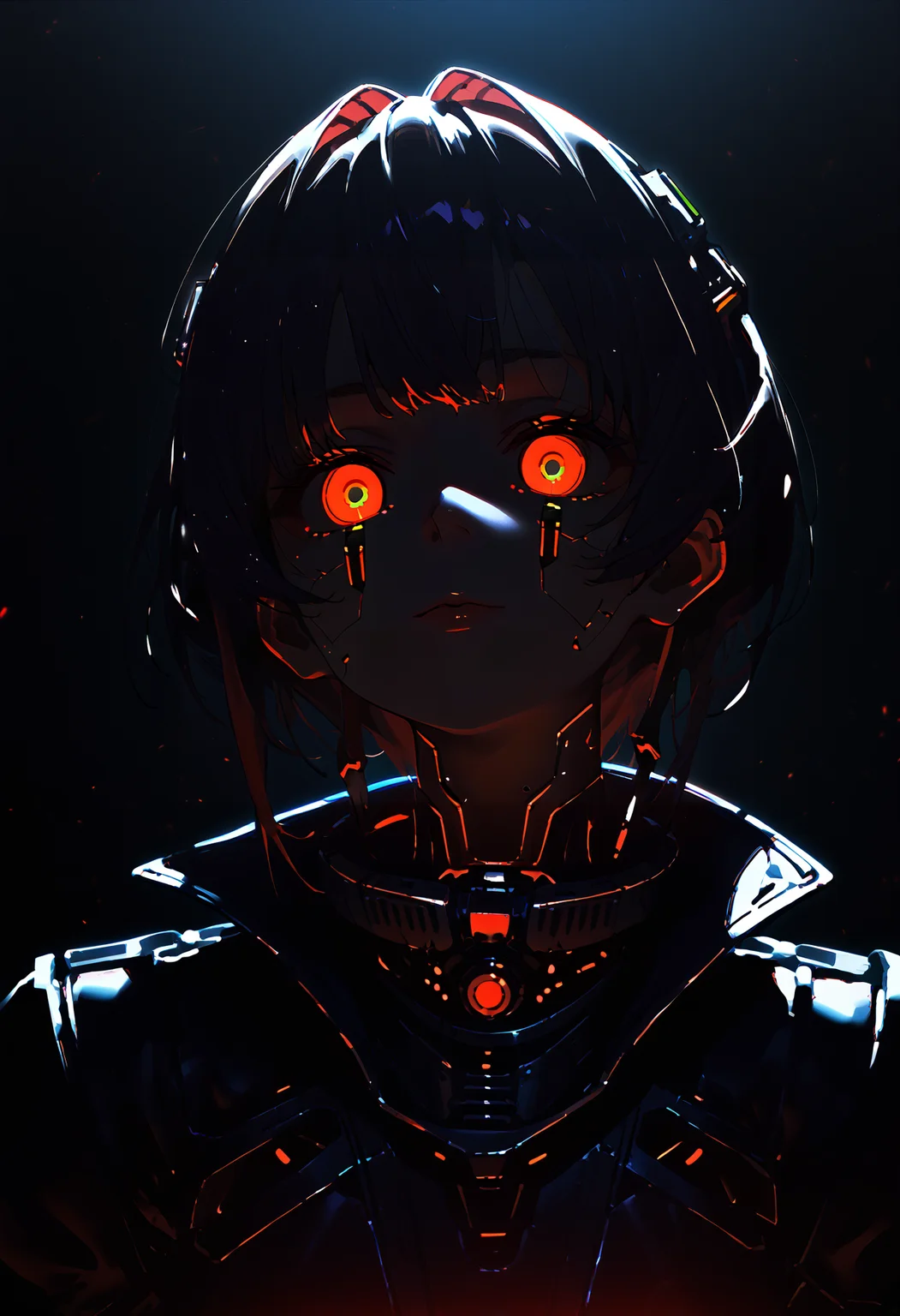 1girl, android, upper body, facing viewer, mechanical eyes, shaded face, glowing, dark theme, dim lighting, bioluminescent, mysterious, ethereal, vibrant colors, science fiction, future, (virtual:1.2), score_9, score_8_up, score_7_up, <lora:DunkingOnSouls_Soullify_v2.0:1>, <lora:dark_v1.9-pony:1>