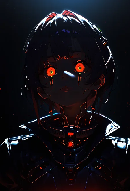 1girl, android, upper body, facing viewer, mechanical eyes, shaded face, glowing, dark theme, dim lighting, bioluminescent, mysterious, ethereal, vibrant colors, science fiction, future, (virtual:1.2), score_9, score_8_up, score_7_up, <lora:DunkingOnSouls_Soullify_v2.0:1>, <lora:dark_v1.9-pony:1>