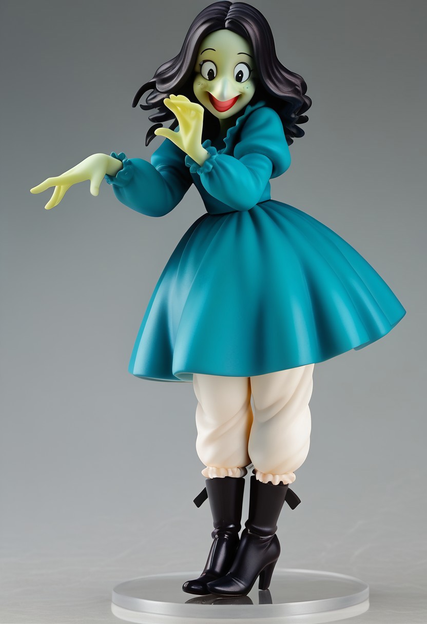 score_9, score_8_up, score_7_up BREAK figure, WitchHazel, 1girl, black hair, black eyes, green skin, single lower bucktooth, long nose, long-sleeved teal shirt, teal skirt, white victorian bloomers, long black high-heeled boots, cartoon, source_cartoon, smiling, full body,
