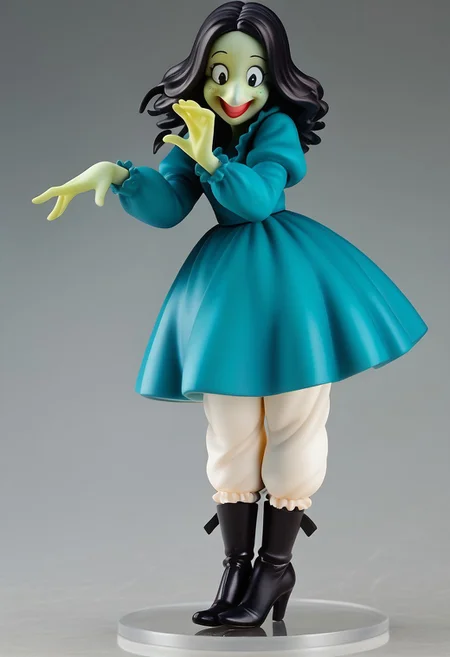 score_9, score_8_up, score_7_up BREAK figure, WitchHazel, 1girl, black hair, black eyes, green skin, single lower bucktooth, long nose, long-sleeved teal shirt, teal skirt, white victorian bloomers, long black high-heeled boots, cartoon, source_cartoon, smiling, full body,