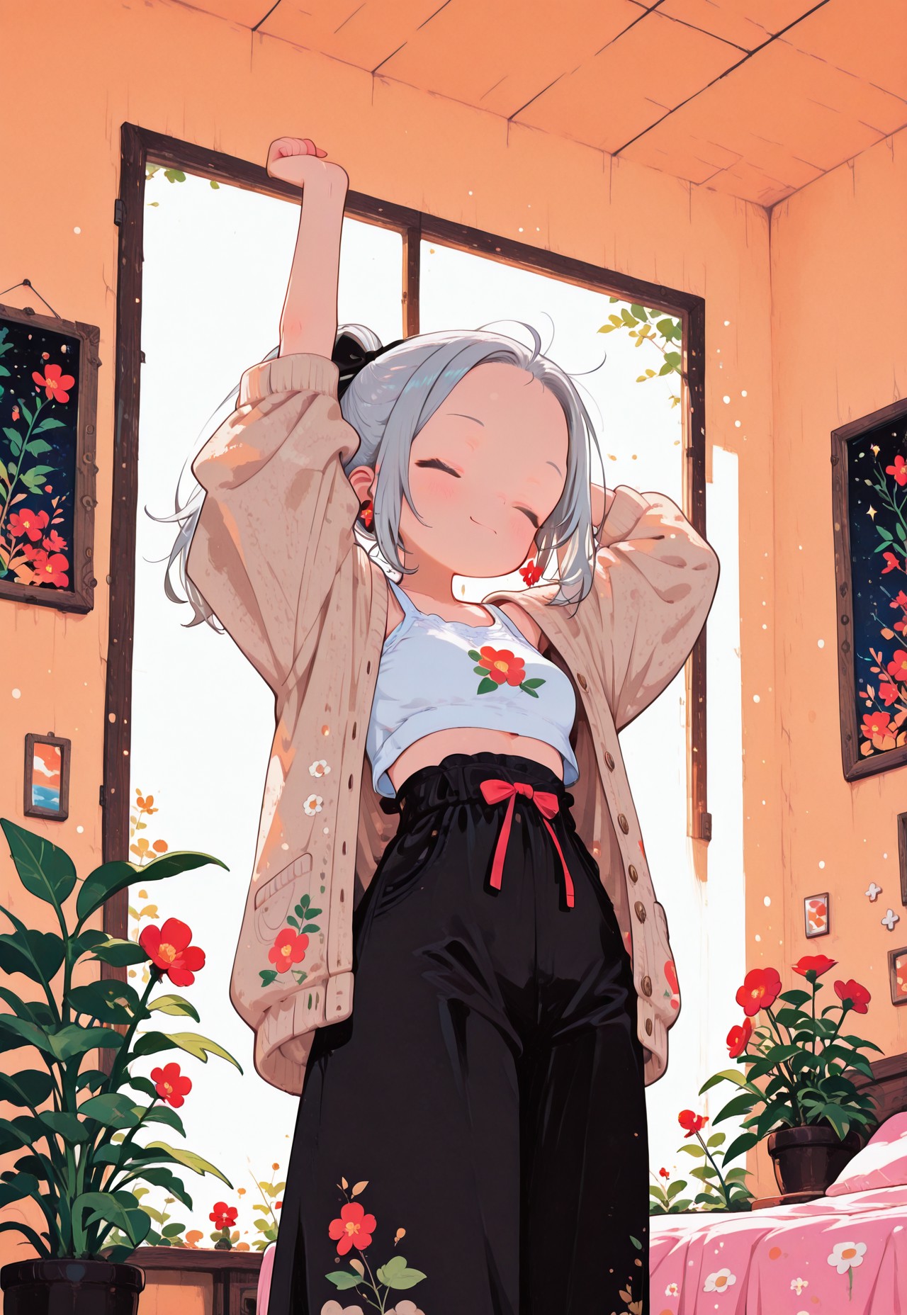 anime girl, silver hair tied in ponytail, forehead, stretching with arms behind head, soft smile, closed eyes, morning light, inside a cozy bedroom, white crop top, loose azure cardigan with red flower print, high-waisted black pants with bow, cute and casual outfit, gentle soft lighting, warm color palette, peaceful morning vibes, background plant, framed picture on wall, anime style, highly detailed, pastel tones,

fl4t,, Ethereal Brushstroke, kani bonara,