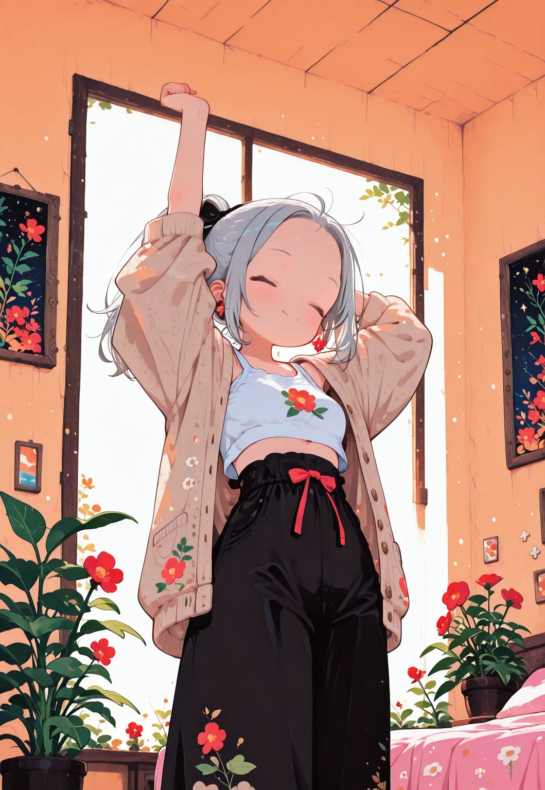 anime girl, silver hair tied in ponytail, forehead, stretching with arms behind head, soft smile, closed eyes, morning light, inside a cozy bedroom, white crop top, loose azure cardigan with red flower print, high-waisted black pants with bow, cute and casual outfit, gentle soft lighting, warm color palette, peaceful morning vibes, background plant, framed picture on wall, anime style, highly detailed, pastel tones,
fl4t,, Ethereal Brushstroke, kani bonara,