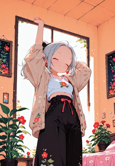 anime girl, silver hair tied in ponytail, forehead, stretching with arms behind head, soft smile, closed eyes, morning light, inside a cozy bedroom, white crop top, loose azure cardigan with red flower print, high-waisted black pants with bow, cute and casual outfit, gentle soft lighting, warm color palette, peaceful morning vibes, background plant, framed picture on wall, anime style, highly detailed, pastel tones,

fl4t,, Ethereal Brushstroke, kani bonara,