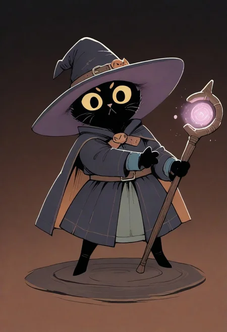 (masterpiece, best quality, high quality, highres), very awa, highres, absurdres, intricate detailed,
ROOT, solo, full body, close to viewer, (no humans:1.1), eyes,
1girl, (black cat:1.1), witch,
holding, magic staff,
posing, battle pose,