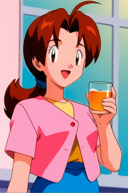 retro artstyle, 1990s \(style\), pokemon \(classic anime\), deliaca, 1girl, solo, long hair, looking at viewer, smile, open mouth, shirt, skirt, brown hair, holding, brown eyes, standing, jacket, upper body, ahoge, ponytail, short sleeves, :d, cowboy shot, hand up, blurry, black eyes, cup, parted bangs, blue skirt, hair intakes, happy, cardigan, antenna hair, holding cup, drinking glass, arm at side, yellow shirt, mature female, drink, pink jacket, pink cardigan, holding drink, braid, eyelashes, delia ketchum
<lora:Delia_Ketchump_Classic_Anime:1>