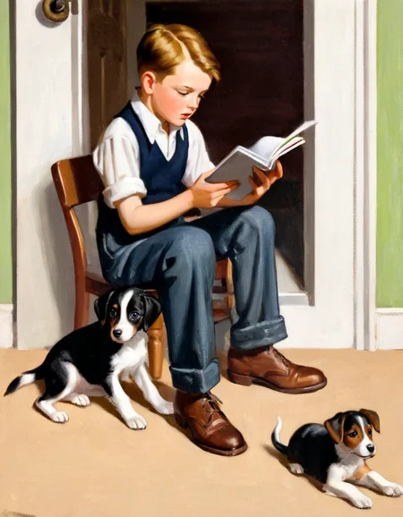 LThrasher painting depicting a boy teaching a new puppy how to sit, set during the depression in the interior of a simple family home in the 1930s.<lora:LThrasher1-000002:1>
