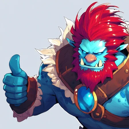score_7_up, score_8_up, score_9, trundle, 1boy,blue skin, pink nose, tusks, armor, red hair, facial hair, club (weapon), upper body, (thumbs up), simple background,