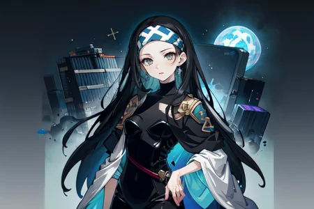 highly insanely detailed, masterpiece, top quality, best quality, highres, 4k, 8k, RAW photo, (very aesthetic, beautiful and aesthetic),  
beth_\(megami_tensei\),bethsmtii,shin megami tensei ii,long hair,black hair,straight hair,sleek black,jewelry,cross,headband,red_lipstick,katana,sword,Tokyo_Millennium,post-apocalyptic_city,dystopian_world,Holytown,Religious_center,church_district,Order_of_Messiah,Religious_order,messianic_cult,divine_rulers,Great_Cataclysm,World_ending_event,apocalyptic_disaster,city_rebirt, 
<lora:zs_Beth:0.6>, 
(1girl:1.3), 1other, 
dark grey background,ice blue background,(rainbow background,colored digital glitch background),âââ