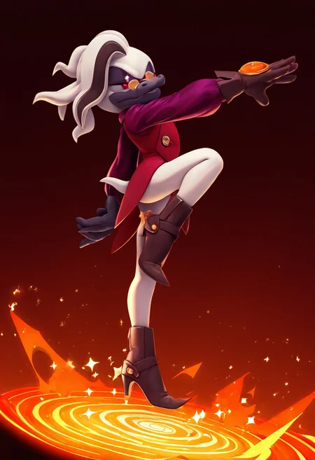 masterpiece, best quality, amazing quality, high detail, absurdres, Doctor Starline, male, solo, slender, pince-nez, webbed brown glove, glove on the left hand, Warp Topaz, purple shirt with golden cufflinks, red-violet vest, brown boots with golden buckles, red-violet soles, medium-high heels, Heel Spur, upward-turned pointy toes, dynamic pose, orange portal, scarlet background, sparkles