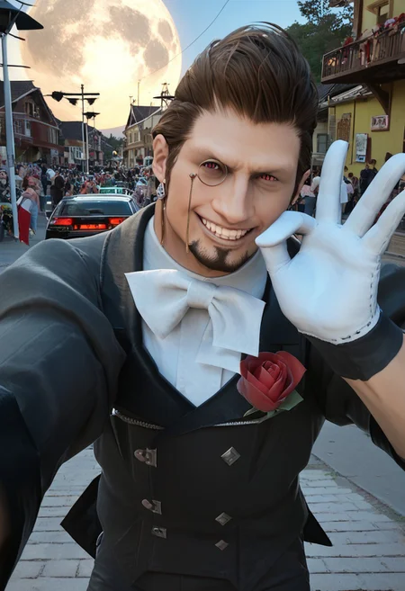 score_9, score_8_up, score_7_up, score_6_up, 4k, perfect quality, male focus, monocle, facial hair,  black jacket, white bowtie, rose boutonniere, white gloves, black pants, white socks, black footwear, outside, day, oasis town, busy street, colorful indian festival, aliens in background, confident grin, full moon, amateur, real life photo, selfie, close up, cool, high contrast, silhouette, v fingers, victory fingers, looking at viewer,