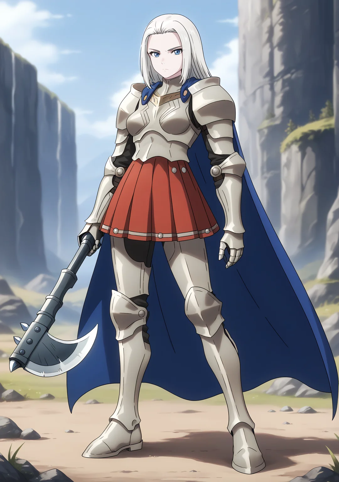 score_9, score_8_up, score_7_up, score_6_up, score_5_up, score_4_up, grey_armor, Scama_Elbero, looking_at_viewer, medium_breasts, solo, forehead, closed_mouth, expressionless, plate_armor, breastplate, boobplate, shoulder_armor, pauldrons, gauntlets, blue_cape, fur-trimmed_cape, red_skirt, pleated_skirt, armored_skirt, greaves, armored_boots, holding_battle_axe, battle_axe, standing, full_body, outdoors, <lora:Scama_Elbero_V1(SDXL)_1:1> <lora:hand 4:1>, Hand, detailed, perfect, perfection, hands,