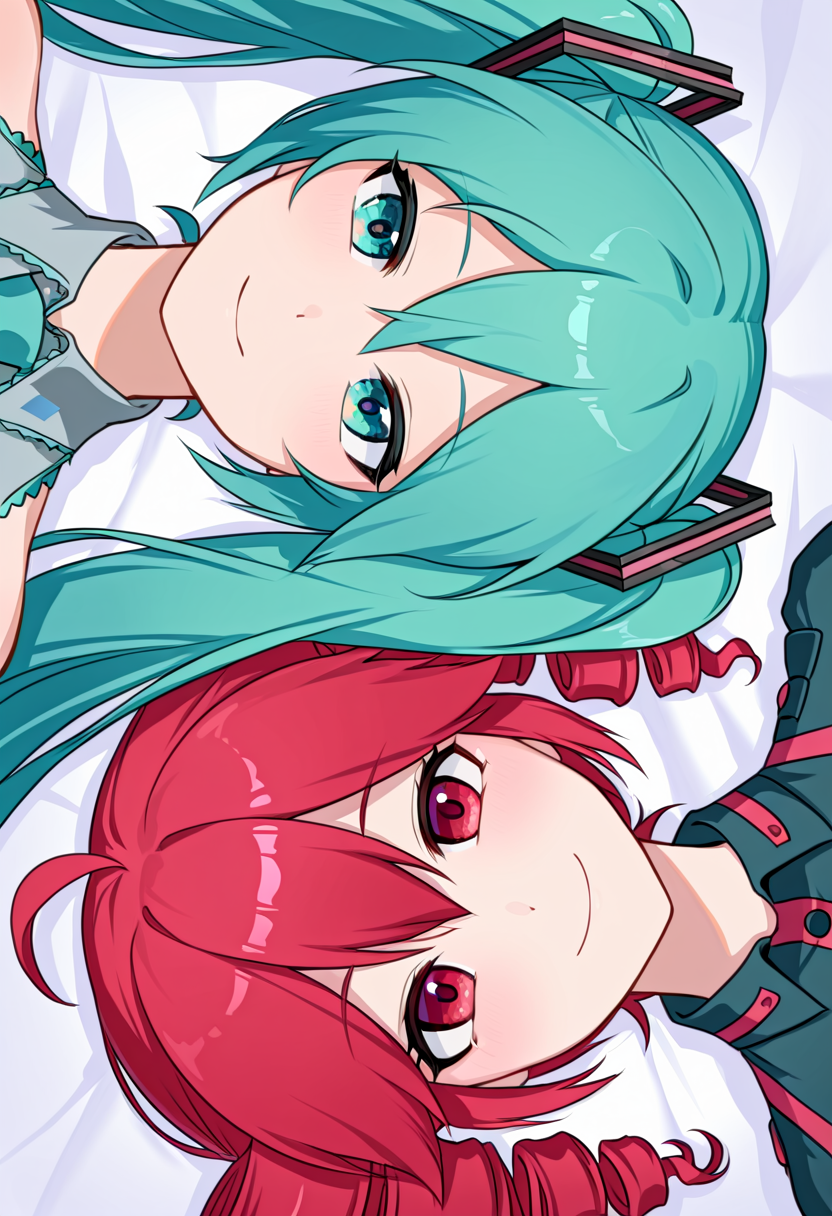 masterpiece, high quality, absurdres, lying parallel, lying, close-up, rotational symmetry, 2girls, 
BREAK
hatsune miku, closed mouth, smile,
BREAK
kasane teto, closed mouth, smile,
 <lora:Lying_parallel:1>