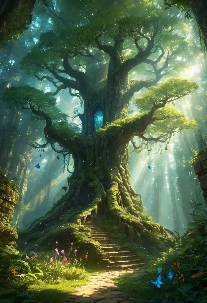 In an ancient forest, the crystal tree stands tall. Its shimmering branches hold delicate leaves that emit an ethereal glow. Sunlight filters through, casting shadows on the verdant floor. Nearby, a crystal castle reflects the day’s last rays, and colorful butterflies dance in the warm air.
concept-art, fantasy, epic, majestic, magical, dreamy, perspective, light and shadow, moody, epic,
beautiful, painterly, aesthetic, textural, intricate details, highly detailed, ultra-detailed, absurdres,
aid291, cs-cr1stal-v2