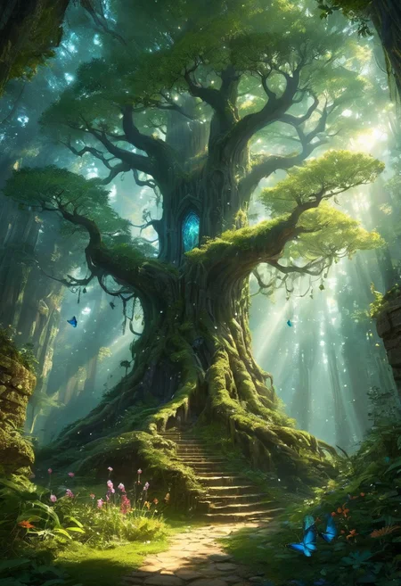 In an ancient forest, the crystal tree stands tall. Its shimmering branches hold delicate leaves that emit an ethereal glow. Sunlight filters through, casting shadows on the verdant floor. Nearby, a crystal castle reflects the day’s last rays, and colorful butterflies dance in the warm air.
concept-art, fantasy, epic, majestic, magical, dreamy, perspective, light and shadow, moody, epic, 
beautiful, painterly, aesthetic, textural, intricate details, highly detailed, ultra-detailed, absurdres, 
aid291, cs-cr1stal-v2