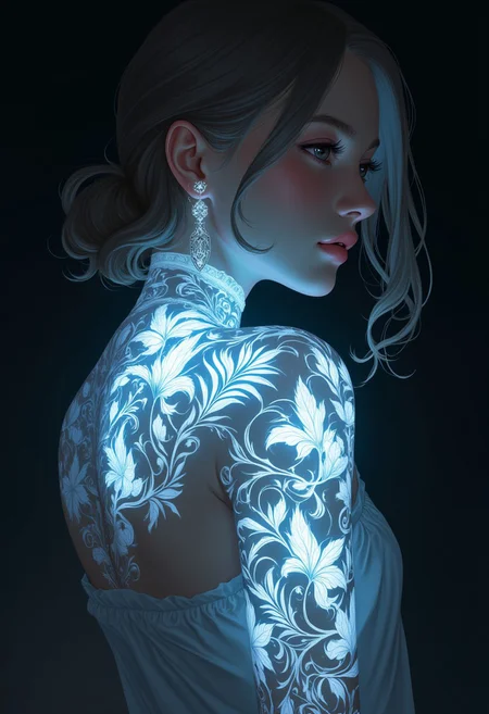 an alabaster Valkyrie with bioluminescent tattoos of bio ink , split diopter, over-the-shoulder shot, Rembrandt lighting, low angle shot, extreme close-up shot
