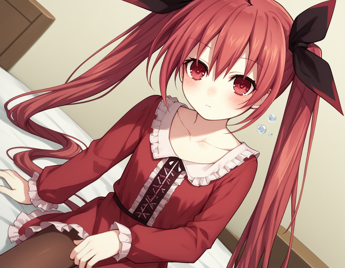 score_9, score_8_up, score_7_up, source_anime,
kotoriitsuka, <lora:kotori-itsuka-lightnovel-ponyxl-lora-nochekaiser:1>,
kotori itsuka, long hair, red eyes, twintails, very long hair, red hair, ahoge, ribbon, hair ribbon,
dress, collarbone, pantyhose, red dress, frills, long sleeves,
indoors, bed, bed room, on side, blush, drunk,
looking at viewer, solo, cowboy shot, dutch angle,