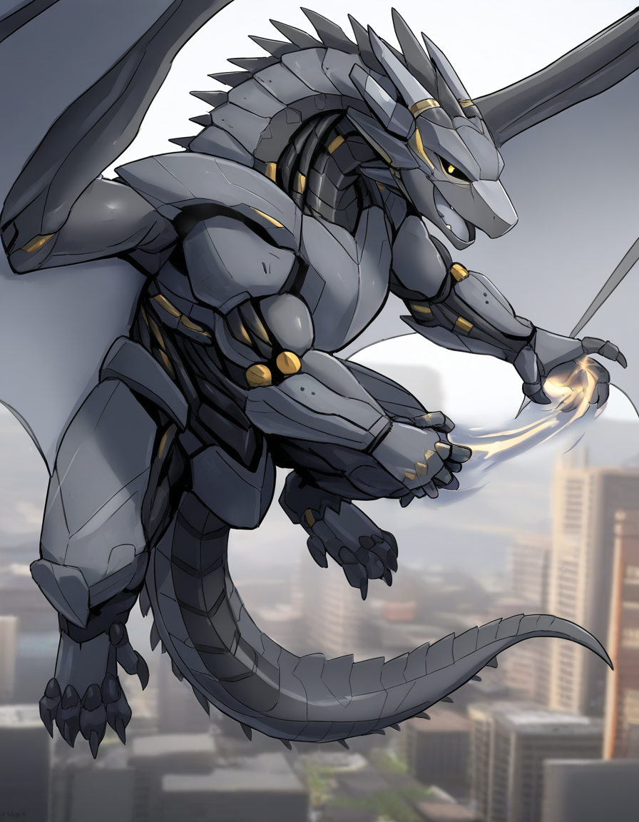 1boy, solo, western dragon, robot, wiring, feral, muscular male, action pose, (holding magic), magic user, grey body, monotone body, (black wire), looking at viewer, yellow eyes, [tail, wings, grey tongue, black sclera], 5 fingers, 4 toes, city, outdoors, detailed face, detailed eyes, pixiv22, [sketch], (masterpiece, best quality, very aesthetic, amazing quality), absurdres, highres