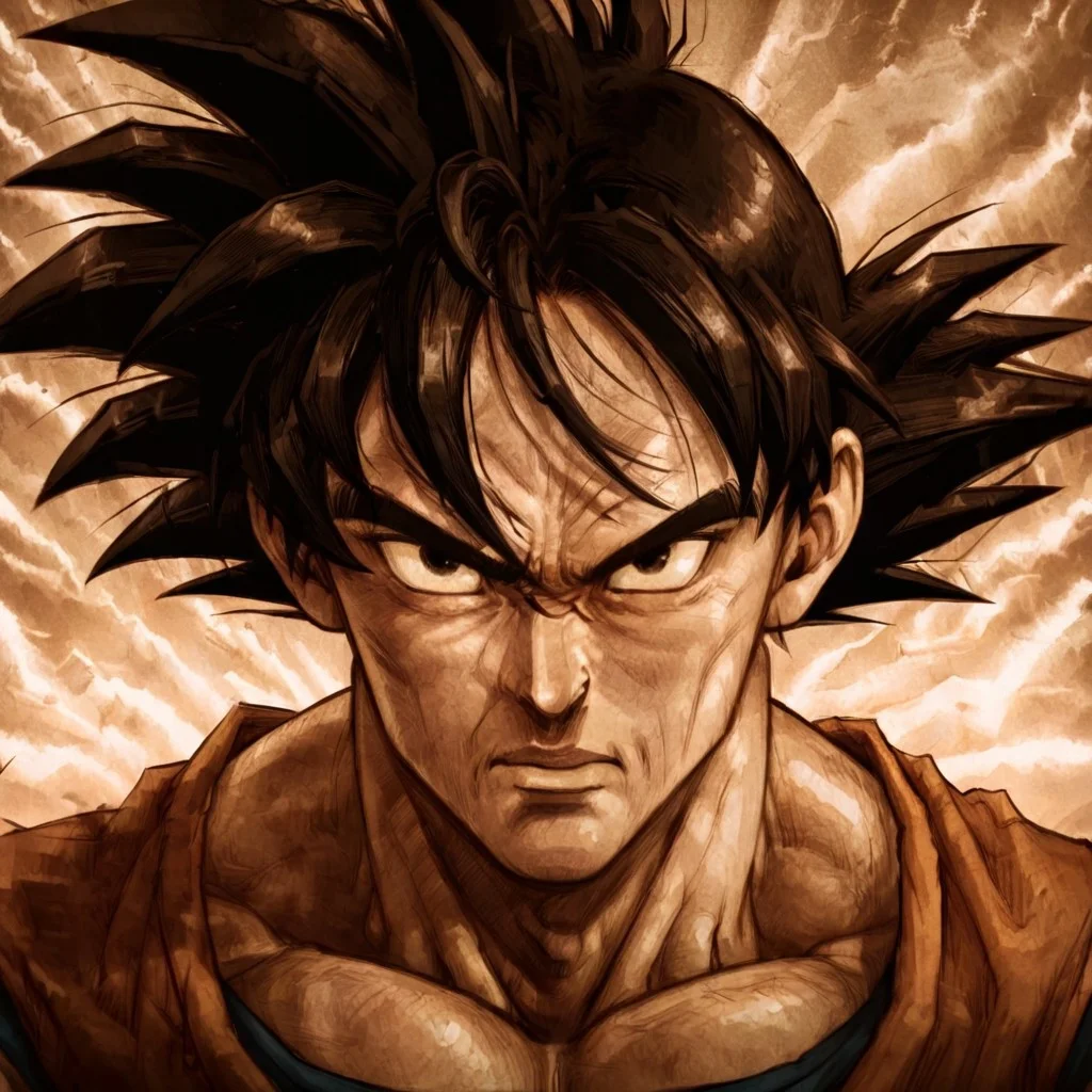 masterpiece, best quality, newest, absurdres, highres, D3CSPS-V1.0, brown theme, sepia, monochrome,
1boy, son_goku, /(dragon_ball/), spiked hair, black hair,