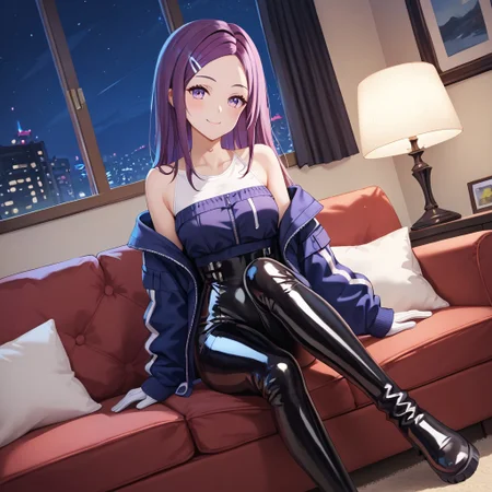 masterpiece, best quality, score_9, score_8_up, score_7_up, full body, 1 girl, looking at viewer, cowboy shot, dutch angle, indoors, sitting on couch, living room, night, blush, smile, ange, purple hair, purple eyes, long hair, hair ornament, hairclip, forehead, collarbone, latex jacket, bare shoulders, long latex sleeves, white latex gloves, black latex pants, black latex boots, flat boots