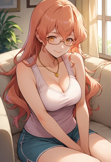 score_9, score_8_up, source_anime, 1girl, solo, Muginami, yellow eyes, pink hair, long hair, glasses, tank top, cleavage, necklace, sleeveless, shorts, smile, indoors, sitting, on couch, <lora:ChamMuginamiPonyXL:1>