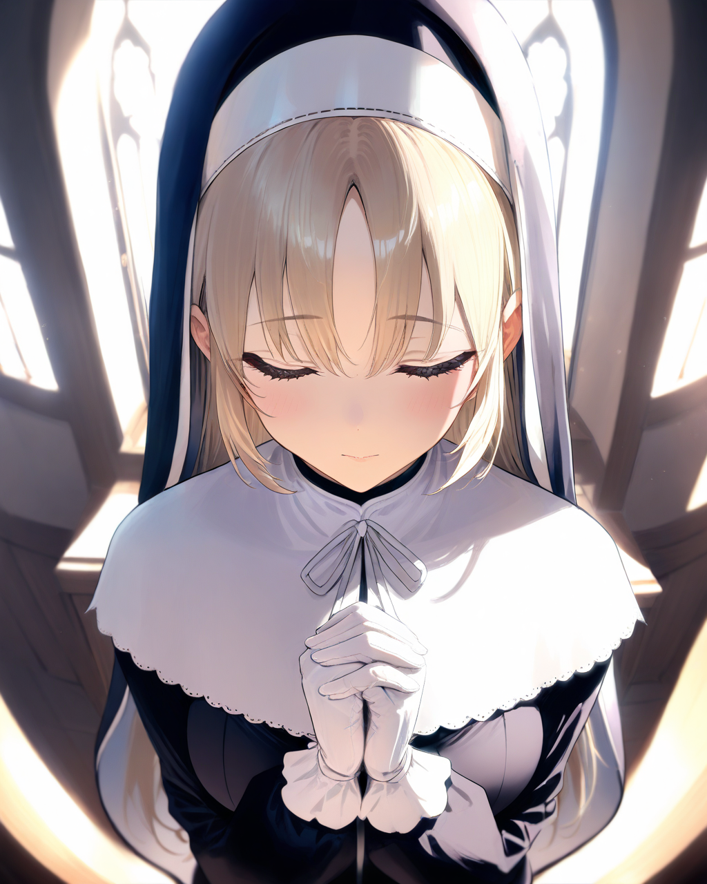 1girl,
SisterClaireNijisanji,
safe, perspective, from above, upper body,
nun,
breasts, white gloves, own hands together, praying,
soft lighting, church,
depth of field,
<lora:kp_SisterClaireNijisanji1stCostumeAnimagineXL_v1_1:1.0>,
masterpiece, high score, great score, absurdres