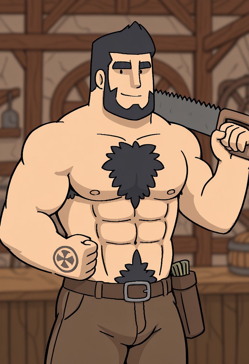 detailed background, detailed background, masterpiece, perfect quality, best quality, detailed, newest, very aesthetic, RafaeloRMA, facial hair, short hair, bara, solo, beard, smile, black hair, 1boy, male focus, wood workshop background, pectorals, abs, muscular, smile, chest hair, looking at viewer topless male, brown pants,, black dot eyes, holding a saw