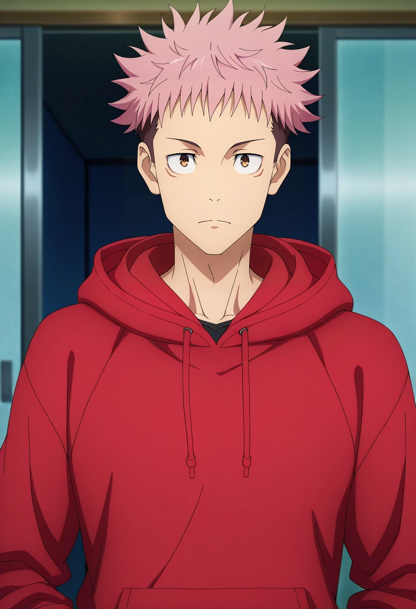 masterpiece, best quality, , anime screencap, anime coloring, official style, looking at viewer, 1boy, solo, male focus, <lora:yuuji_itadori_ilxl:0.92>, yuuji_itadori, pink hair, brown eyes, short hair, undercut, spiked hair, red hoodie, ,