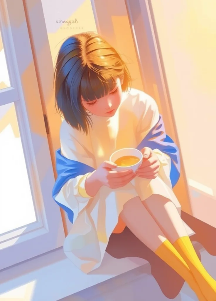 The image is an illustration of a young girl sitting on a window sill. She is wearing a white dress with a blue shawl draped over her shoulders and yellow socks. She has shoulder-length brown hair tied up in a bun and is holding a cup of tea in her hands. The girl is looking down at the cup with a peaceful expression on her face. The window behind her is open, letting in natural light. The overall mood of the image is calm and serene.
a digital semi-realistic style picture.
it is a vibrant, dreamy, whimsical and clear masterpiece full of details and high quality creating a serene and peaceful scene with beautiful sunlit.