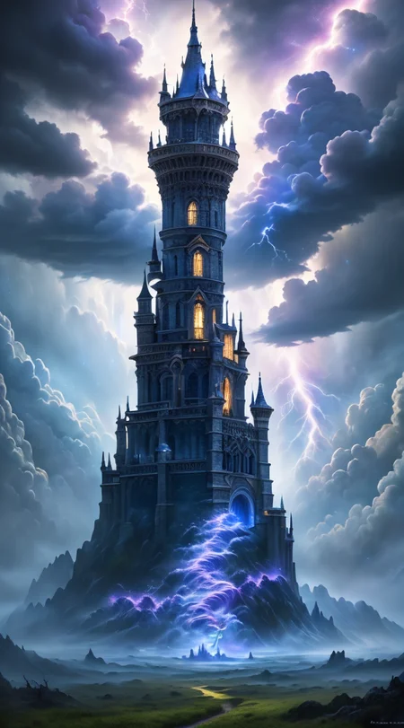 Masterwork Painting, Magnum Opus, 
HDR photo of 
Dreamscape, 
ethereal fantasy concept art of  
 <lora:Wizard_Tower-10:0.75> witow, castle, cloud, cloudy sky, grass, no humans, scenery, sky, tower, tree, 
 <lora:locon_conceptlightning_v1_from_v1_64_32:1> lghtnngprsn, lightning, storm,
. magnificent, celestial, ethereal, painterly, epic, majestic, magical, fantasy art, cover art, dreamy,
. Surreal, ethereal, dreamy, mysterious, fantasy, highly detailed,
. High dynamic range, vivid, rich details, clear shadows and highlights, realistic, intense, enhanced contrast, highly detailed,
  highres, 8k, uhd, High Dynamic Range, tonemapping, crisp details,  intricate details, fine details