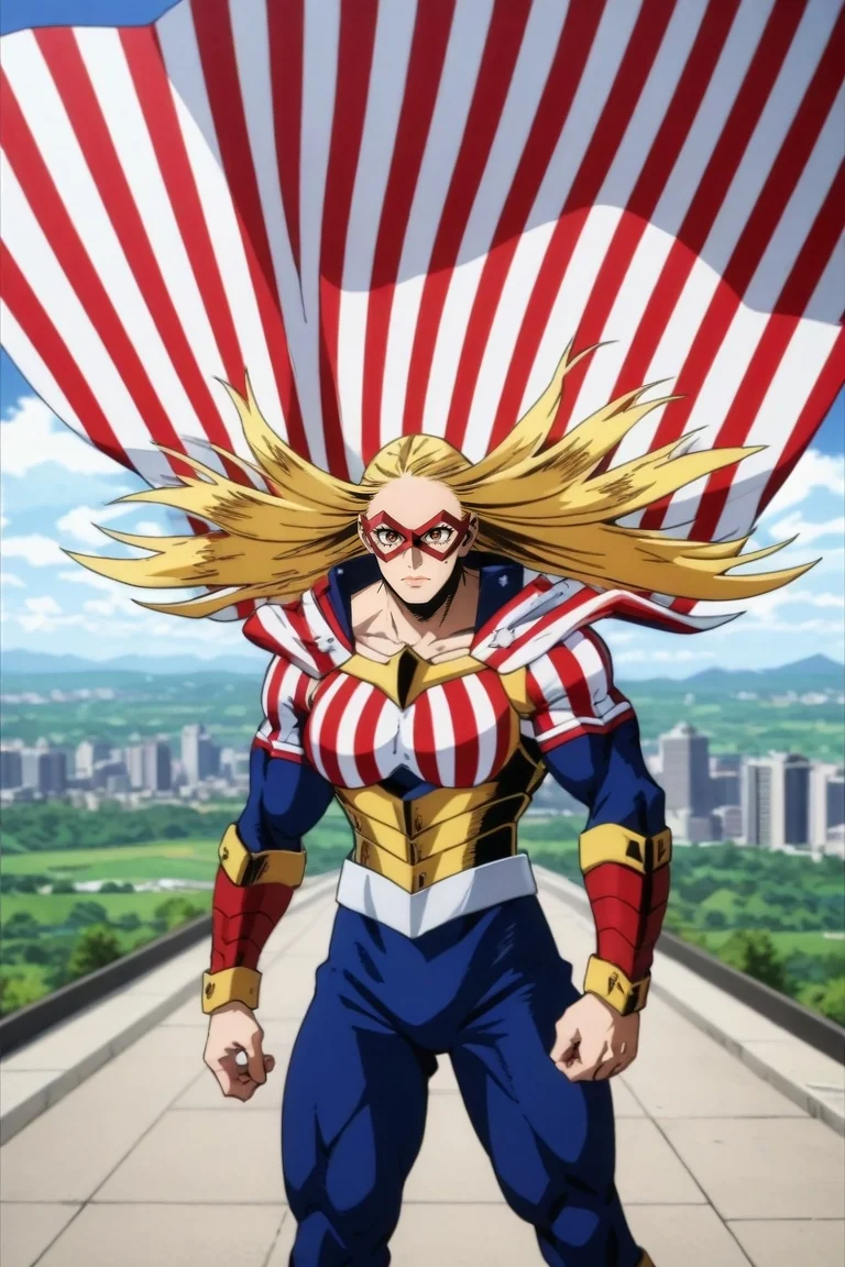score_9, score_8_up, score_7_up, source_anime, rating_safe, intricate details, anime screencap, , official style, , depth of field, 1girl, solo, <lora:cathleen_bate_pony:0.92>, cathleen_bate, blonde hair, brown eyes, long hair, superhero, cape, muscular, bodysuit, american flag, mask, cowboy shot, corridor, day, clouds, pose, nervous, camo costume, <lora:sdxl_lightning_8step_lora:1>
