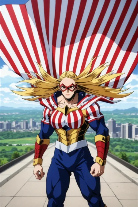 score_9, score_8_up, score_7_up, source_anime, rating_safe, intricate details, anime screencap, , official style, , depth of field, 1girl, solo, <lora:cathleen_bate_pony:0.92>, cathleen_bate, blonde hair, brown eyes, long hair, superhero, cape, muscular, bodysuit, american flag, mask, cowboy shot, corridor, day, clouds, pose, nervous, camo costume, <lora:sdxl_lightning_8step_lora:1>