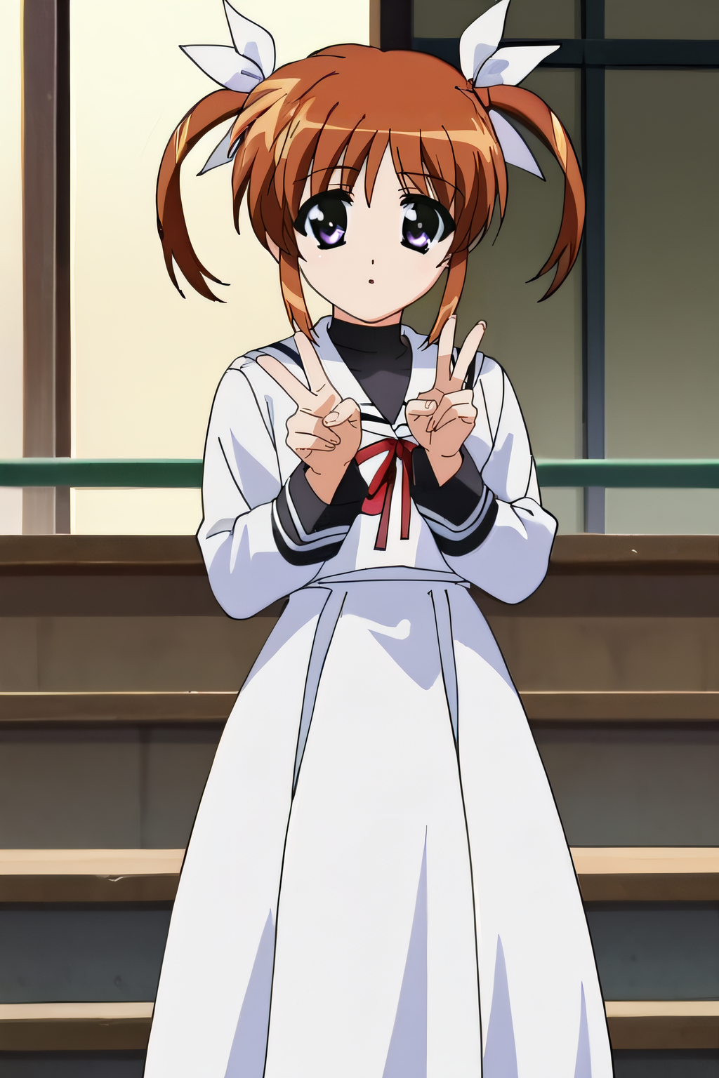 score_9, score_8_up, score_7_up, source_anime, rating_safe, intricate details, anime screencap, official style, 1girl, solo, <lora:Takamichi_Nanoha:1>, nanoha, brown hair, twintails, purple eyes, white dress, long sleeves, white sailor collar, red_ribbon, black turtleneck, long dress, black cuffs, looking at viewer, outdoor, cowboy shot, peace sign, hands up
