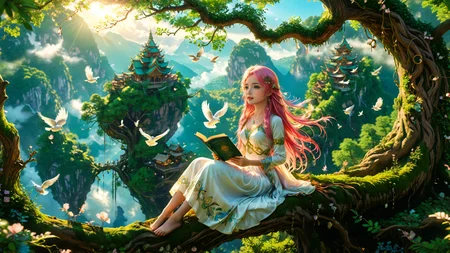 fantasy style,<lora:yuukananri-base-02-XL:0.7>,yuukananri,1girl with long pink hair,long straight hair,green eyes,sitting gracefully on the canopy of a massive,ancient tree,her attention fully focused on the book in her hands,the tree's twisted and moss-covered branches adorned with faintly glowing orbs,lively birds with jewel-like,iridescent feathers joyfully singing around her,the girl's outfit exquisitely designed in an elven style,emitting a soft,magical glow,the expansive background revealing a dreamy landscape with distant floating islands and an enchanting forest,the scene bathed in soft ambient light,creating an ethereal and whimsical atmosphere,highly detailed,intricate textures,dynamic composition,fantastical elements,rich colors,enchanting mood,(masterpiece:2),best quality,ultra highres,original,extremely detailed,perfect lighting,Cinematic Lighting,<lora:detailed_notrigger:1>,<lora:xl_more_art-full_v1:0.8>,<lora:MidjourneyV6.1:0.5>,midjourneyv6.1,
