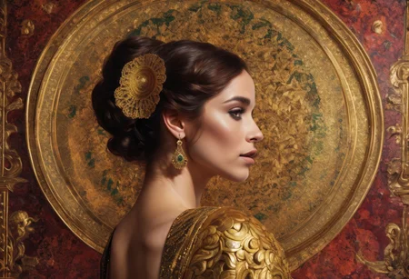 aidmafluxpro1.1,
A masterpiece of (idol girl ink painting full body capture) style created by the collaboration of Gustav Klimt and Eugene Delacroix.
The masterpiece combines the opulent ornamental elements of Gustav Klimt’s gold-laden style with the vivid emotional intensity of Eugene Delacroix’s expressive brushwork.
**Lighting:**
- Soft, diffused lighting from above creates a gentle glow that highlights the ornate details and textures.
- Shadows are cast diagonally across each material interval, emphasizing depth and contrast.
**Color Palette:**
- Rich, jewel-toned colors dominate the palette, with deep reds, vibrant greens, and golds interwoven throughout the composition.
- The use of metallic gold and reflective surfaces in Klimt’s style contrasts with the organic, painterly brushstrokes of Delacroix, creating a harmonious blend.
**Overall Composition:**
,HD32K,hyperdetailed,best quality,