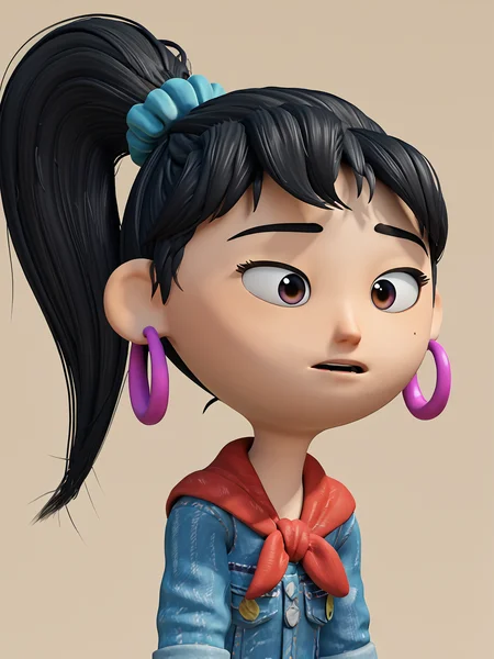 1girl, solo, <lora:Ellie (Sprite Fright):0.9> elliesf, black hair, ponytail, earrings
score_7_up, source_3d, 3d