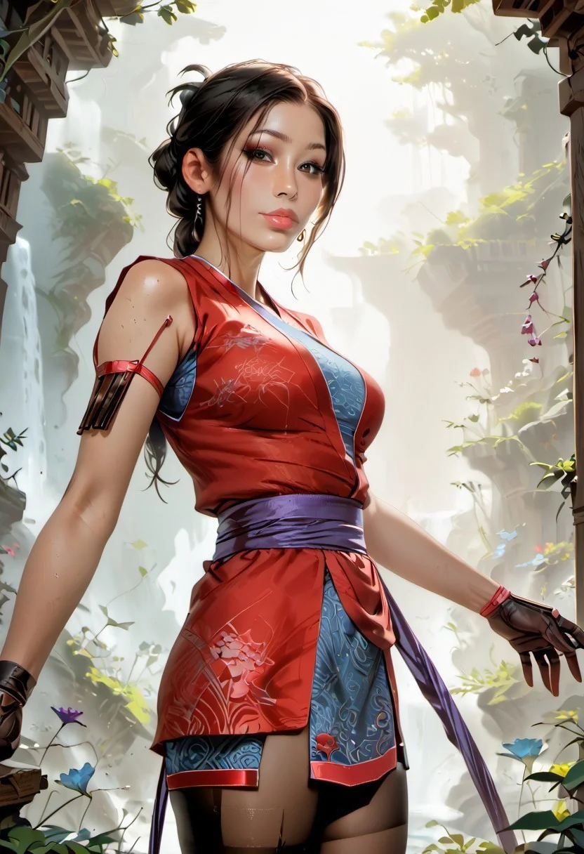safe_pos, Stable_Yogis_PDXL_Positives, (score_9), score_8_up, score_8, score_7_up, score_7, score_6_up, score_6, score_5_up, Score_5, mythp0rt, (1girl, solo, mature female, adult), ((dynamic pose)), (looking at viewer), medium lips, puffy lips, parted lips, beautiful, cutest girl in the world, pale skin, mature female, adult woman, (long hair),
fit body, slender body lines, narrow waist, slender body,
(fantasy style), (rdntjenzixl, brown eyes, black hair, tied hair, makeup), (short kimono, red kimono, blue undershirt, leather gauntlets, sandals), bubble butt, arched back, curvy body, ((slutty pose, stretching)),
standing, ((slutty pose)), breathless intimacy, textured skin, leggings, petite model bombshell, delicate features, narrow pointy nose, tiny nose, lust, big eyes, seductive eyes, detailed skin, flared lashes, mascara, makeup, breasts, athletic body, narrow waist, wide hips, ((tiny waist)), (closed mouth), slender figure, sensual gaze, 
warm light, detailed, two arms, good hands, vox machine style, 1girl, female focus, solo, portrait, Glitzy background, fantasy, 2 arms, (dynamic lighting:1.1)
((masterpiece))