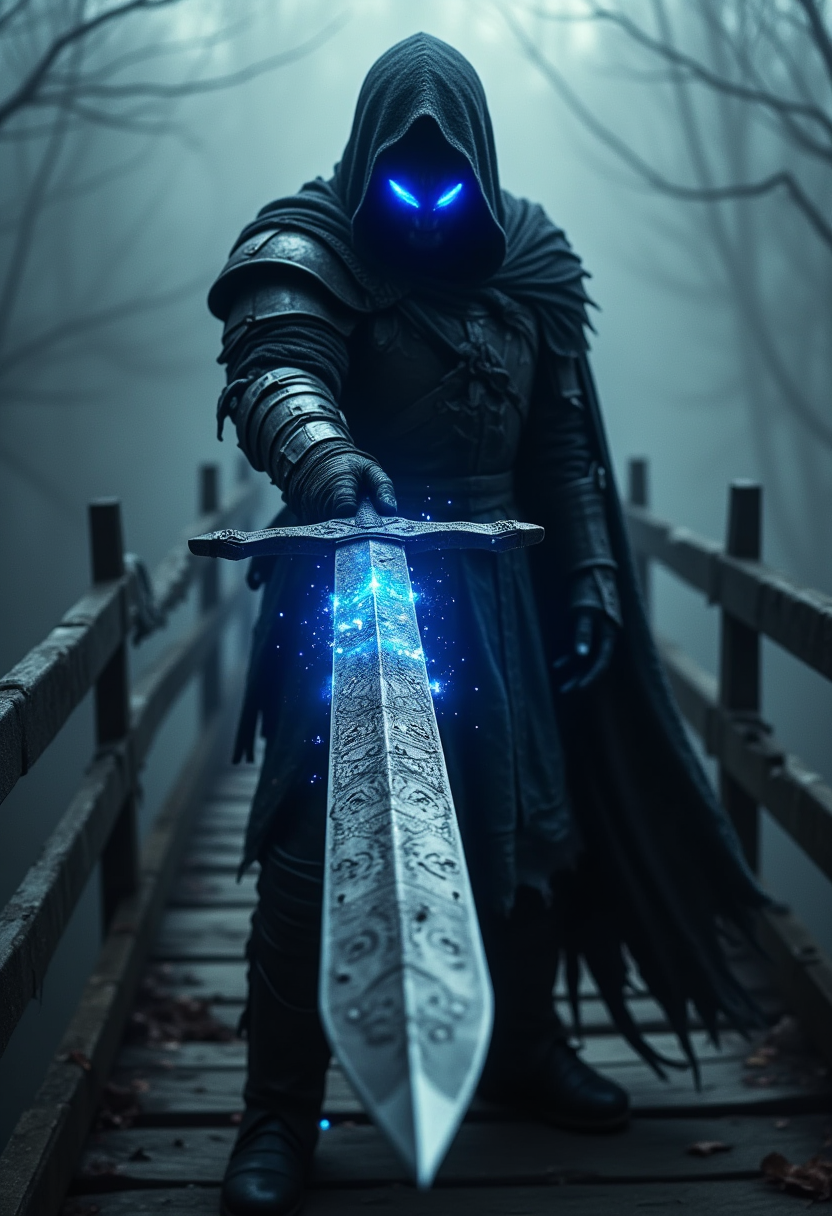 An abyssal knight, draped in tattered, dark armor that pulses with a faint, eerie glow, stands on a creaking wooden bridge. He points the tip of a massive, rune-etched sword menacingly at the camera, the blade crackling with dark energy. Shadows swirl around him, and the misty air is thick with tension. Blue flames flicker within his hollow eyes, reflecting the bridge's warped, splintered planks, over the sword camera view <lora:Dever_Flux_Enhancer:0.5>