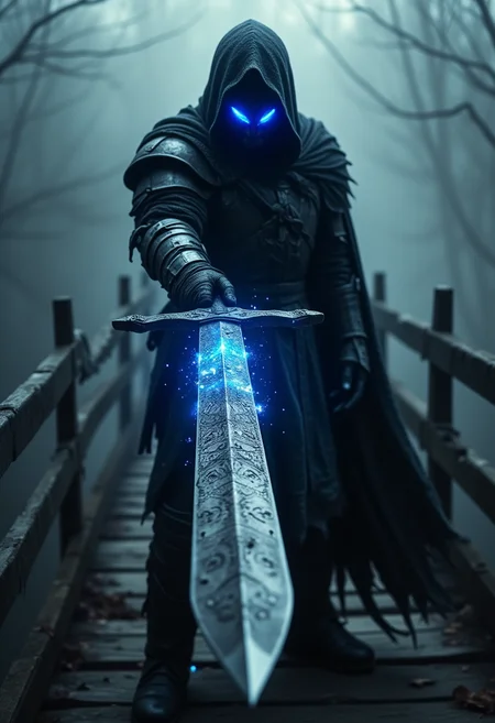 An abyssal knight, draped in tattered, dark armor that pulses with a faint, eerie glow, stands on a creaking wooden bridge. He points the tip of a massive, rune-etched sword menacingly at the camera, the blade crackling with dark energy. Shadows swirl around him, and the misty air is thick with tension. Blue flames flicker within his hollow eyes, reflecting the bridge's warped, splintered planks, over the sword camera view <lora:Dever_Flux_Enhancer:0.5>