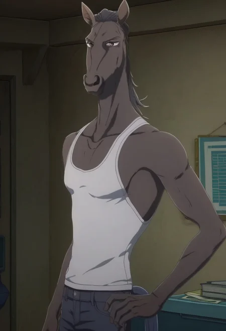 score_9_up, score_8_up, score_7_up, high quality, detailed, Yahya, mature male, anthro, anthro male, horse, grayish brown body, black hair, brown eyes, animal ears, beastars, athletic build, broad shoulders, white tank top, blue jeans, looking at viewer, indoors, office, half-body, standing