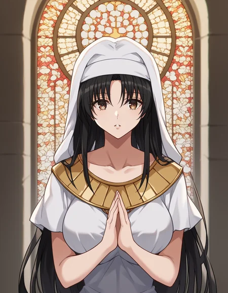 score_9, score_8_up, score_7_up, source_anime, <lora:yui-kotegawa-darkness-ponyxl-lora-nochekaiser:1>, yui kotegawa, black hair, brown eyes, long hair, large breasts, <lora:buddhist-nun-ponyxl-lora-nochekaiser:1>, buddhist nun, nun, habit, vitakra mudra, mudra, coif, gold necklace, priestess,, church, parted lips, praying,, cowboy shot