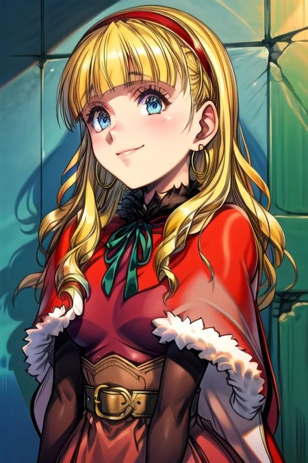 (best quality) , (highly detailed) ,masterpiece ,absurdres ,detailed face ,beautiful face ,(detailed eyes, deep eyes, anime eyes) ,1girl , solo, upper body, slight smile, small breasts
 CatherineDigimon, 1girl, solo, long hair, blonde hair, long sleeves, red dress, red hairband, blunt bangs, fur trim, redcapelet, drill hair, blue eyes, green ribbon, fur-trimmed capelet, headband, jewelry, belt, cape, hoop earrings, blue skirt, brown shoes, Cape, Smile, Happy,