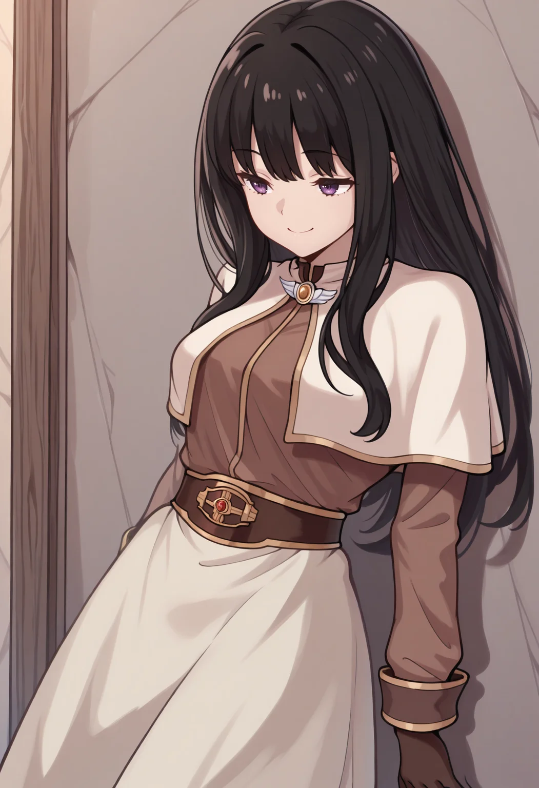 masterpiece, best quality, 1girl, solo, AclytClth, white capelet, brooch, brown shirt, long sleeves, brown gloves, belt, white skirt, long skirt, t4k1n4, purple eyes, black hair, long hair, sidelocks, leaning back, against wall, smile, <lora:ChamFemaleAcolyteClothesIllustriousXL:1>, <lora:Hoseki_LycorisRecoil_TakinaInoue_IllustriousXL_v1:1>