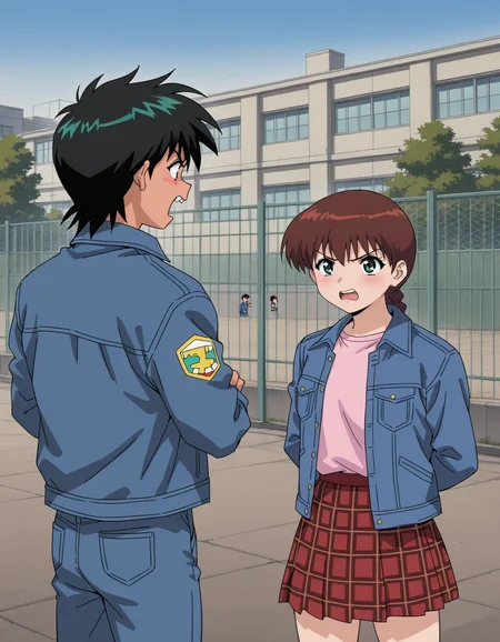 <lora:ghost-stories-v2-illustrious-000008:0.8> 
miyanoshita, braided ponytail, denim jacket, pink shirt, plaid skirt
hajime,
1girl, 1boy, arguing, outdoors, school, fence, masterpiece, best quality