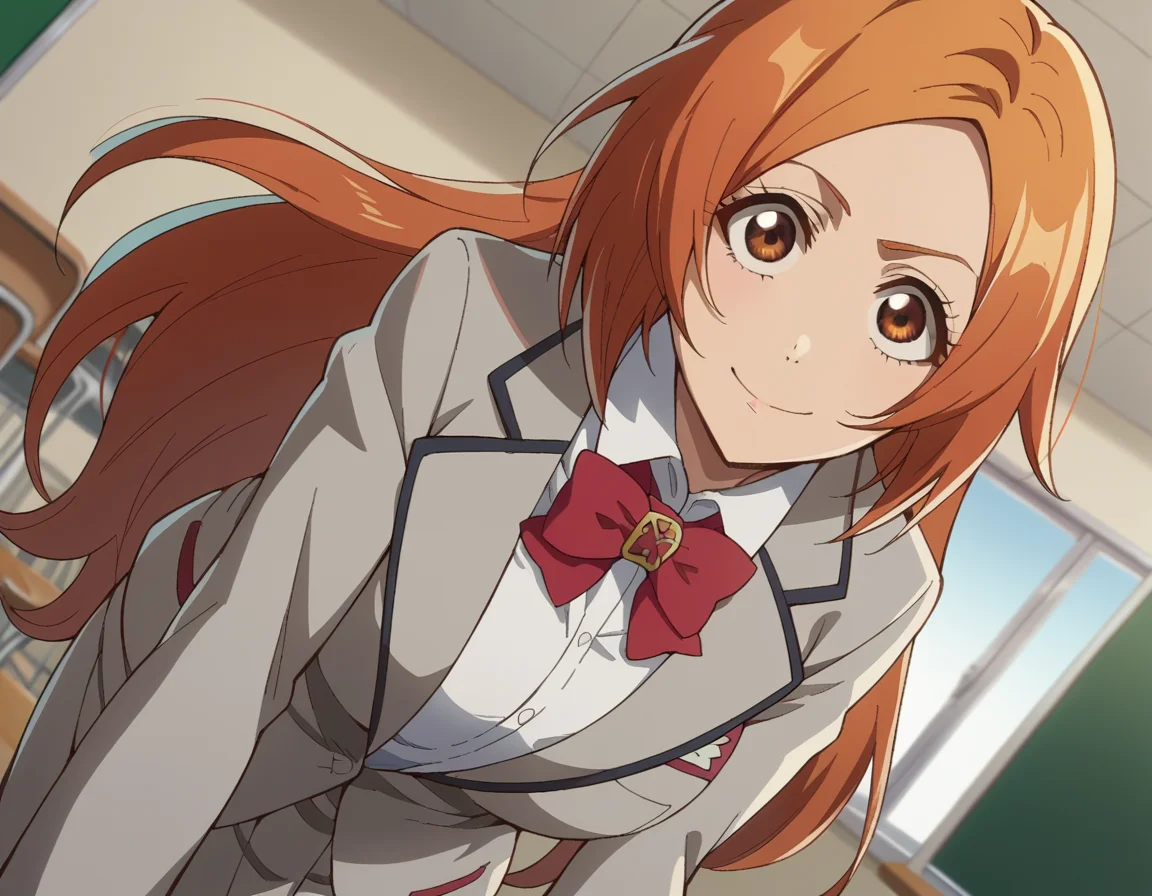 score_9, score_8_up, score_7_up, source_anime,
inoueorihime, <lora:inoue-orihime-tybw-ponyxl-lora-nochekaiser:1>,
inoue orihime, long hair, orange hair, brown eyes,
school uniform, blazer, grey blazer, shirt, white shirt, collared shirt, bowtie, red bowtie,
indoors, classroom, bent over, smile,
looking at viewer, cowboy shot, dutch angle, solo,
