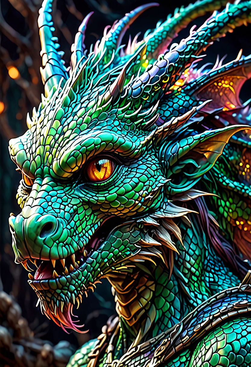 Hyperrealistic art female human dragon hybrid, covered in matte scales as skin, extreme close-up, striking reptilian eyes, dragon horns, bald, braided ponytail, exudes confidence and power, sunet, rim lighting, cold colors. style of Don Lawrence, style of (Will Murai:1.2), style of (Greg Rutkowski:0.8),  <lora:SDXLFaeTastic2400:1.0>, 
<lora:Hyper-SDXL-8steps-lora:1.0> . Extremely high-resolution details, photographic, realism pushed to extreme, fine texture, incredibly lifelike
